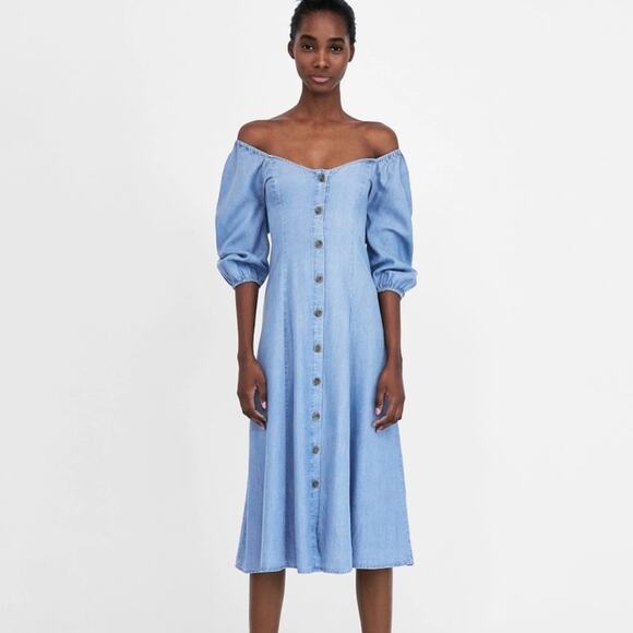 Zara Chambray Midi Dress Puff Sleeves Off-the-Shoulder Blogger’s Favorite Medium - Picture 1 of 9